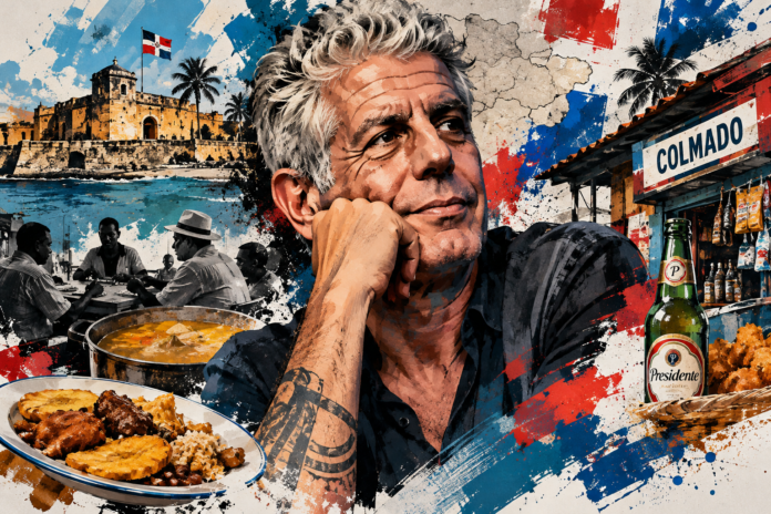 Ilustración editorial de Anthony Bourdain y la cultura gastronómica de República Dominicana