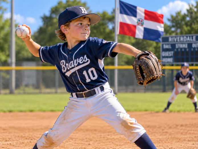 Niño jugando béisbol con bandera dominicana Niño jugando béisbol en un campo con la bandera de la República Dominicana al fondo