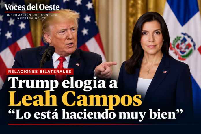 Donald Trump elogia a la embajadora Leah Campos durante un acto relacionado con las relaciones entre Estados Unidos y República Dominicana.