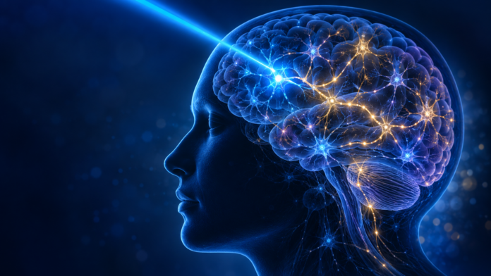 Optogenética y psiquiatría: circuitos neuronales activados por luz Ilustración editorial de un cerebro con neuronas iluminadas por un haz de luz azul, representando la optogenética.