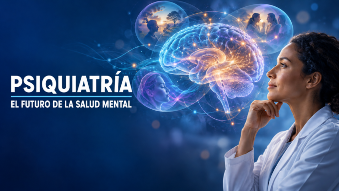 Profesional de salud mental contempla una representación luminosa del cerebro y sus circuitos neuronales, optogenética y psiquiatría